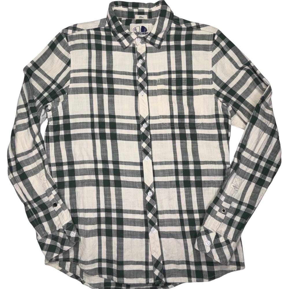 Americanino Italy Plaid Button Shirt Mens Medium Green White Slim Fit Cotton